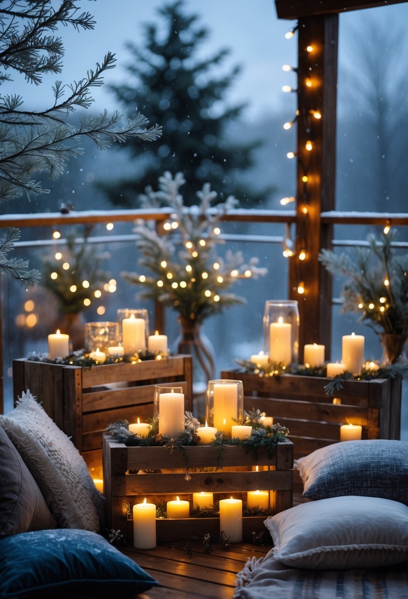 Wooden crates filled with lit candles and fairy lights arranged on a winter terrace with snow and evergreen branches.