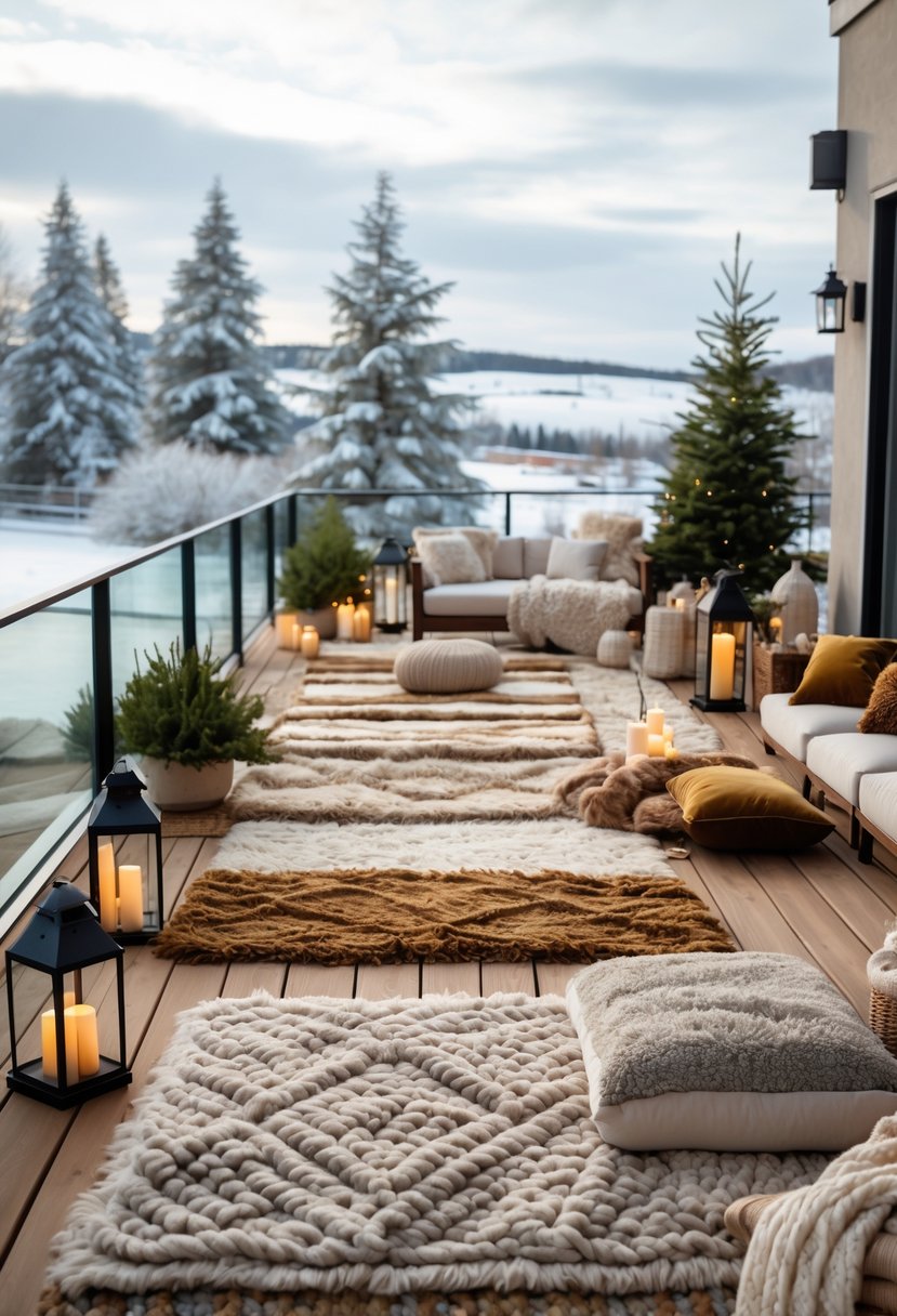 A winter terrace with layered warm wool and faux fur rugs, comfortable seating, and snowy outdoor scenery.