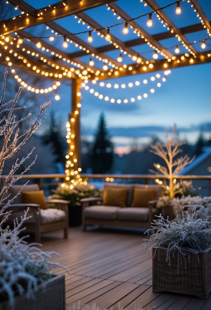 A winter terrace with light strings hanging overhead, cozy seating, and frosted plants under a clear evening sky.