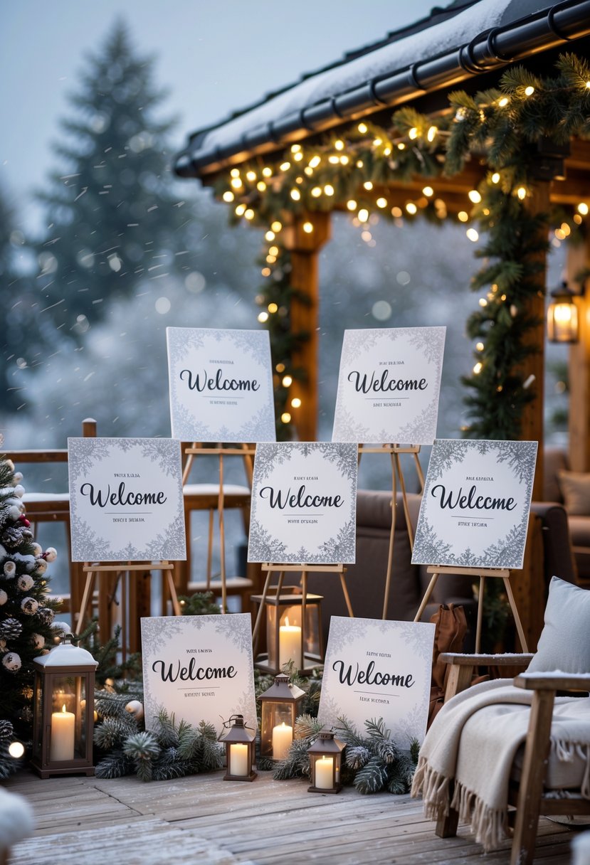 Ten winter-themed welcome signs with snowflake designs displayed on a decorated outdoor terrace with snow and warm lighting.