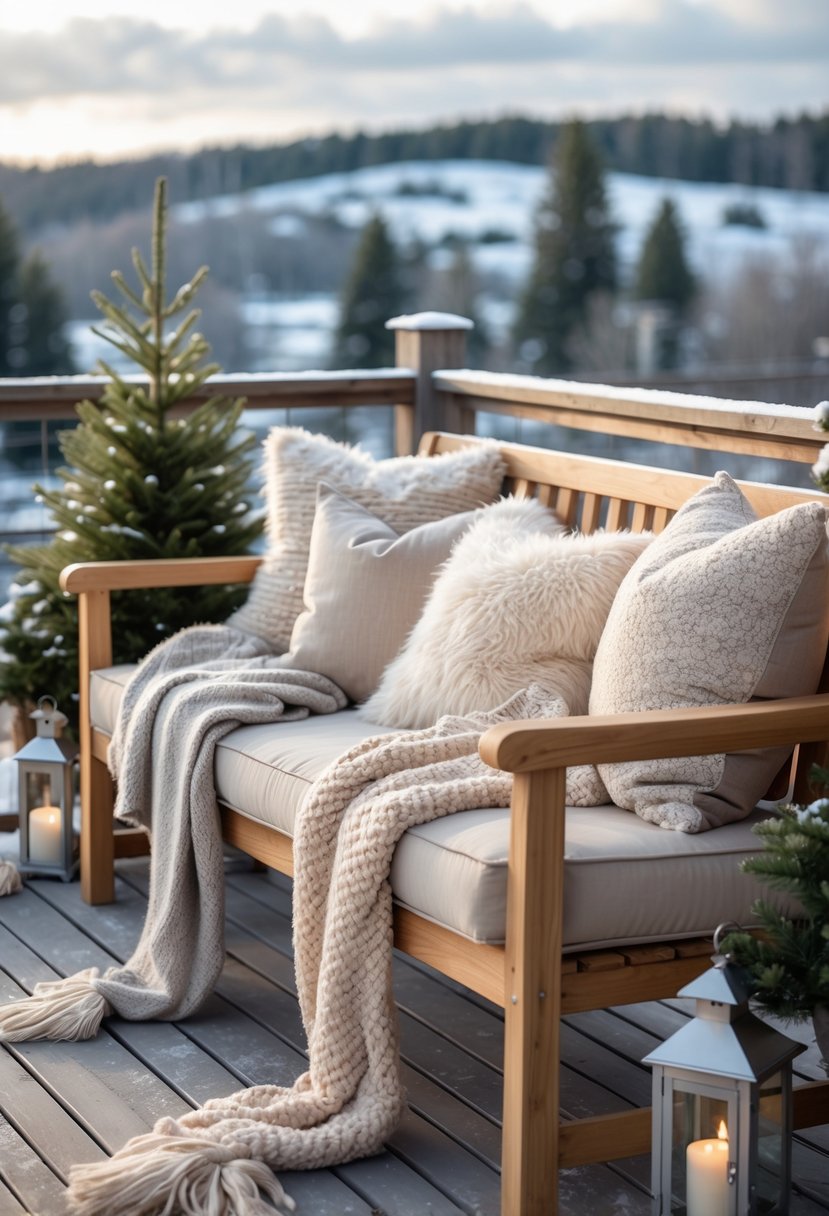 Outdoor wooden bench with fluffy cushions and throws on a winter terrace overlooking a snowy landscape.
