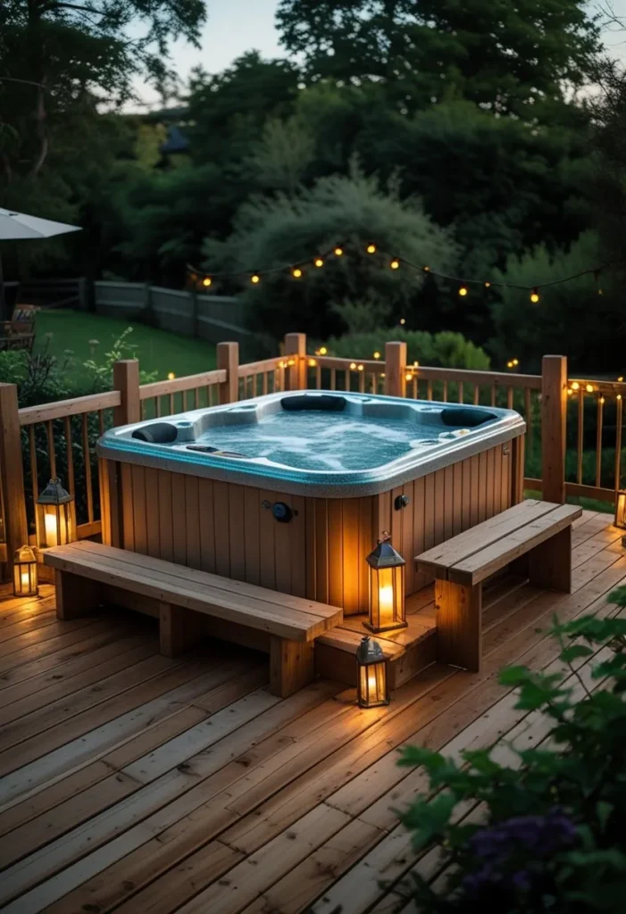 Rustic Wooden Deck Jacuzzi Setup
