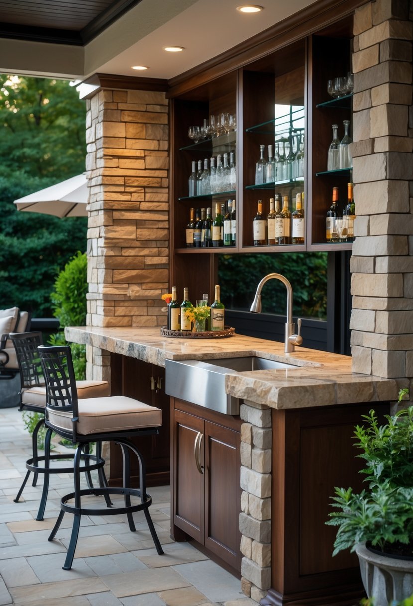 Built-in outdoor wet bar with stone countertop, sink, bar stools, and greenery in a patio setting.