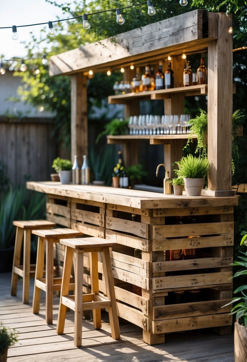 An outdoor bar made from rustic pallet wood with stools, glassware, and plants in a sunny garden setting.
