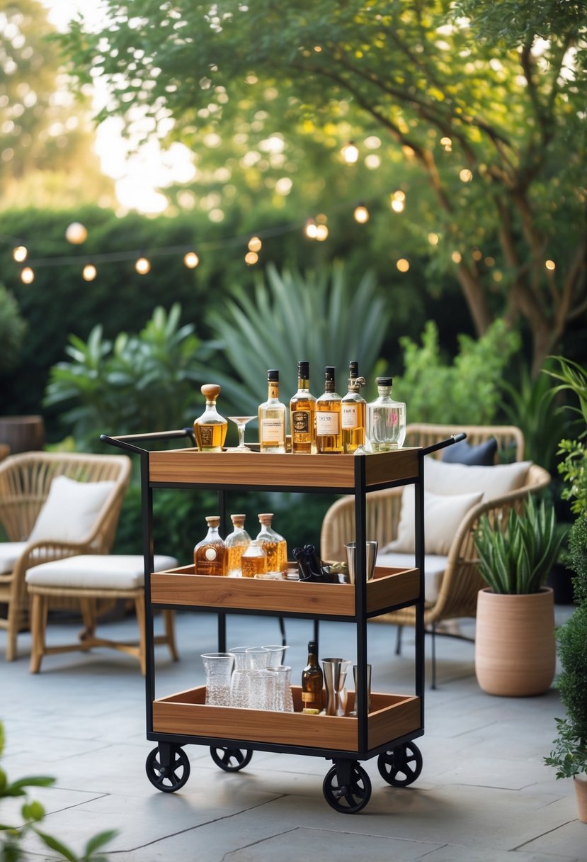 A portable bar cart with wheels outdoors, stocked with bottles and glasses, surrounded by outdoor seating and greenery.