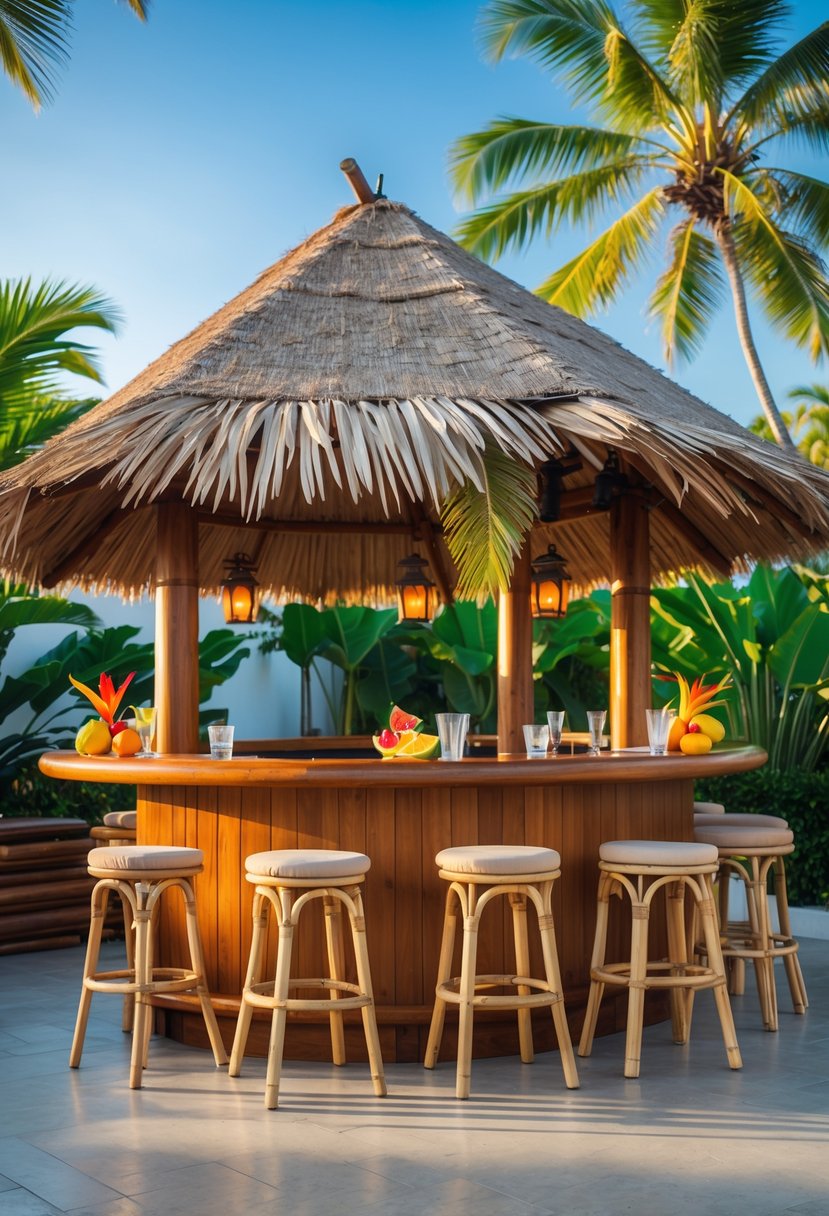 An outdoor bar with a wooden counter and stools under a thatched roof, surrounded by tropical plants and bright sunlight.
