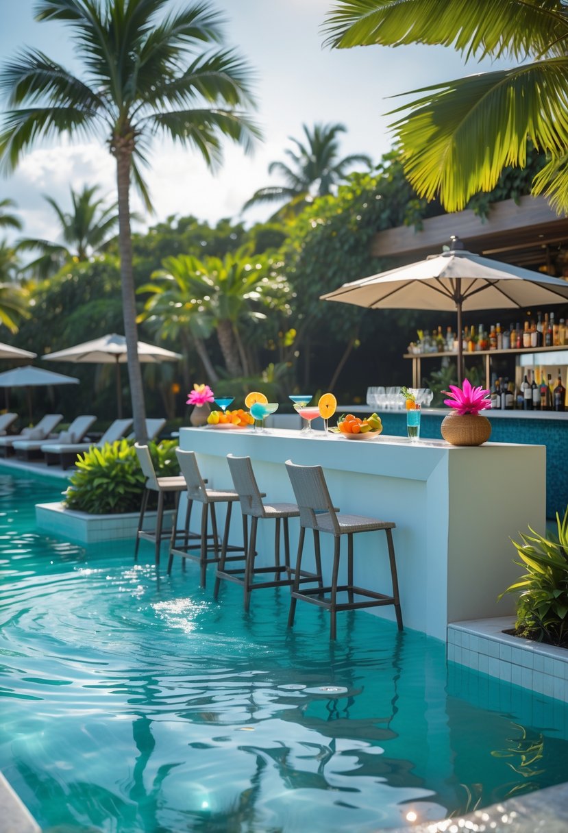A swim-up pool bar in a tropical outdoor setting with clear water, submerged stools, and lush greenery surrounding the area.