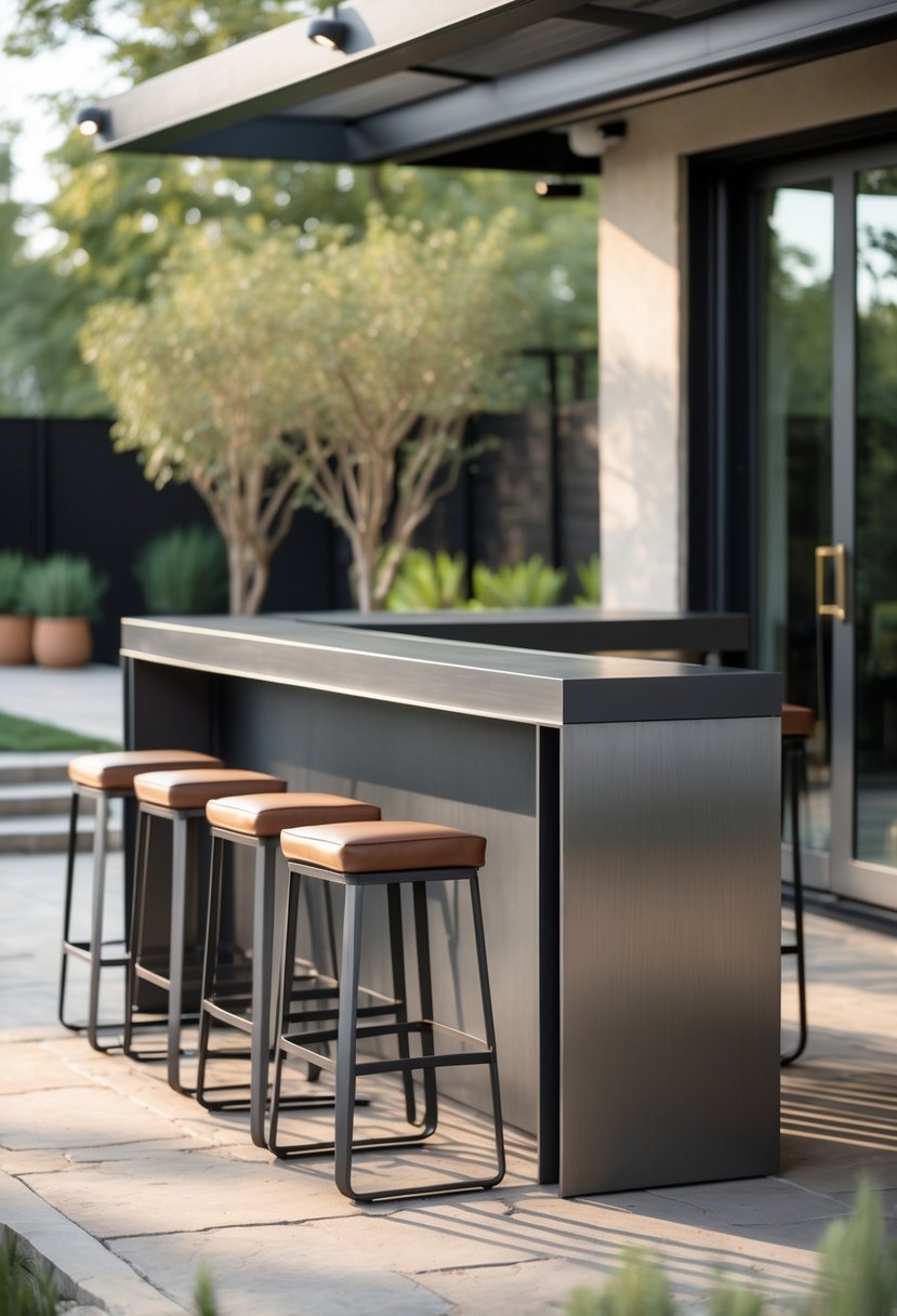 An outdoor metal bar with stools on a patio surrounded by plants and natural light.