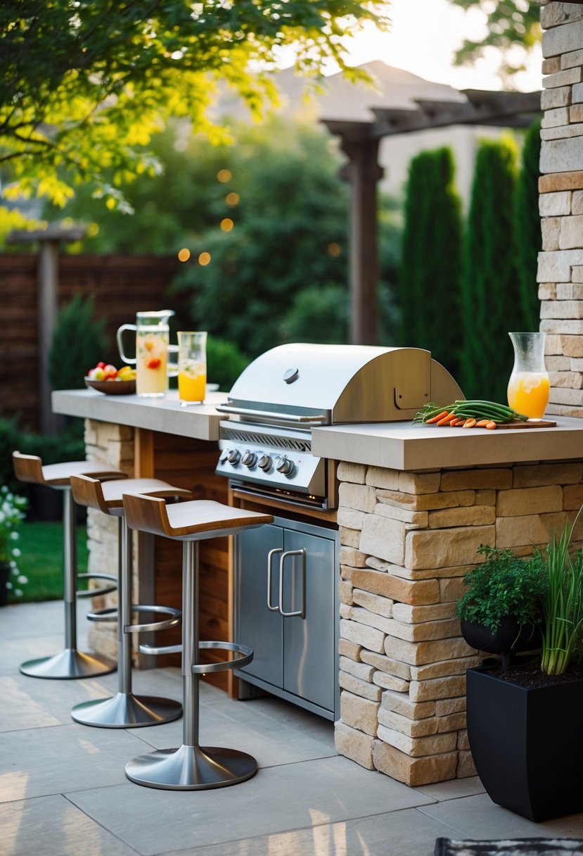 Outdoor bar with built-in BBQ grill surrounded by bar stools and greenery