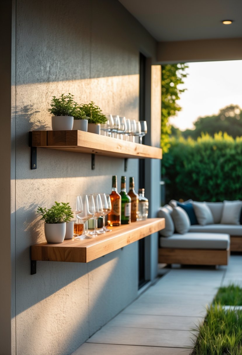 A floating bar shelf mounted on a patio wall with glassware, bottles, and plants, surrounded by outdoor seating and greenery.
