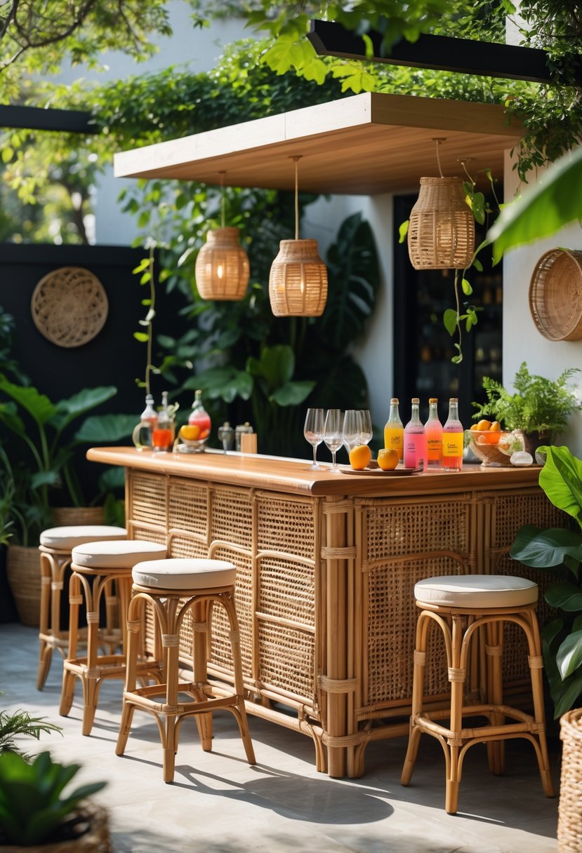 Outdoor bar with rattan counter and stools surrounded by plants and decorative items in a garden setting.
