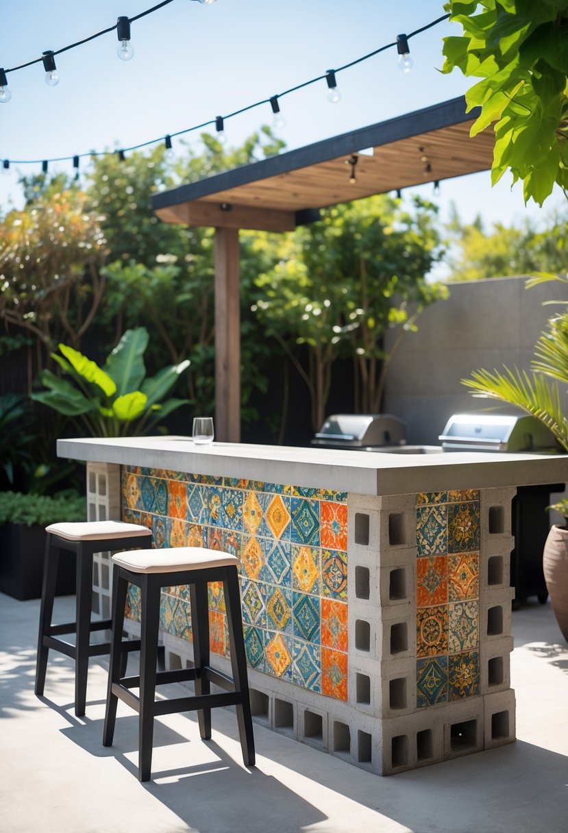 Outdoor bar made of concrete blocks and colorful tiles with stools and greenery around it.