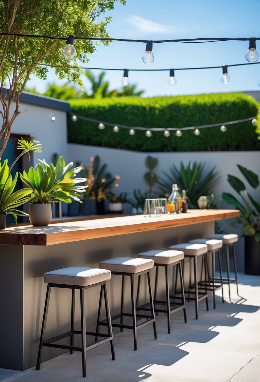 Outdoor bar area with a counter-height bar and stools surrounded by plants and natural light.