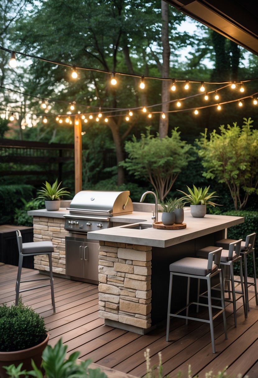 Outdoor kitchen and bar area with grill, countertop, bar stools, and surrounding greenery.