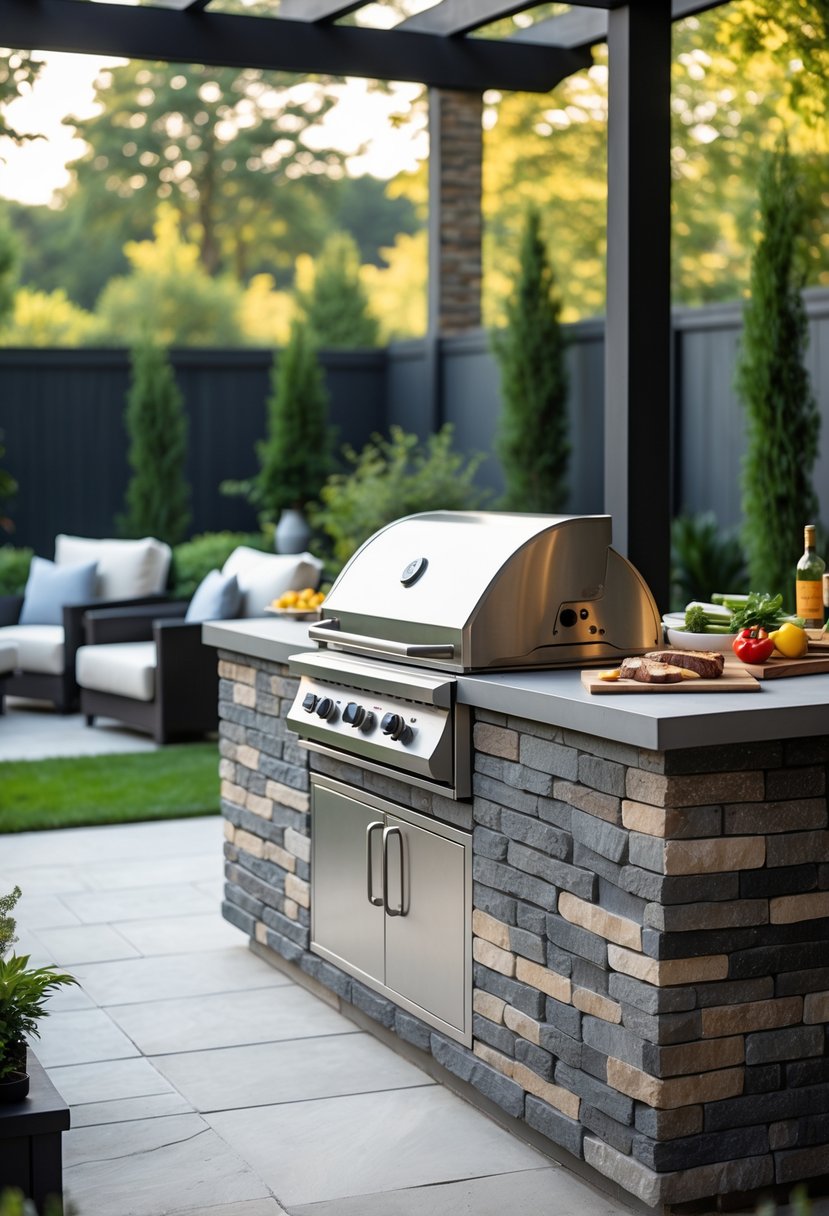 Outdoor BBQ area with a built-in stone grill island surrounded by patio seating and greenery.