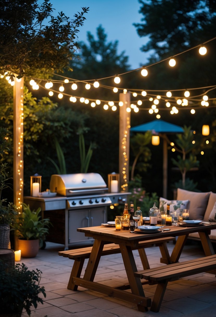 Outdoor BBQ area at dusk with string lights and lanterns creating warm lighting, a grill with food, and a table set for guests.