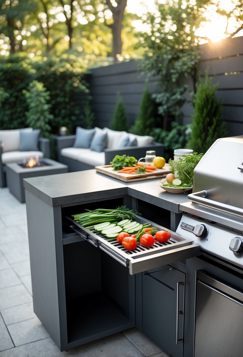 Outdoor BBQ area with a pull-out prep station, grill, fresh ingredients, and outdoor seating surrounded by greenery.