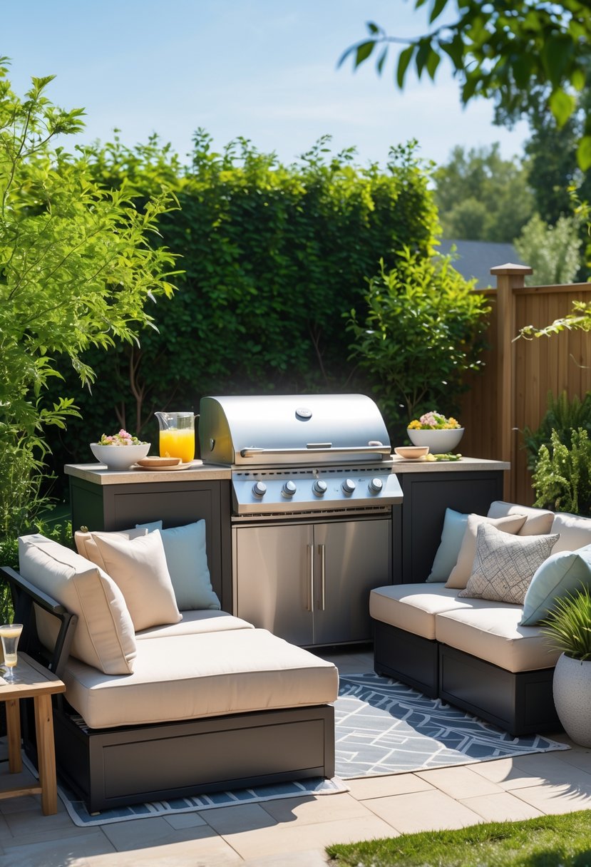 Outdoor BBQ area with cushioned seating, a modern grill, and surrounding greenery in a sunny backyard.
