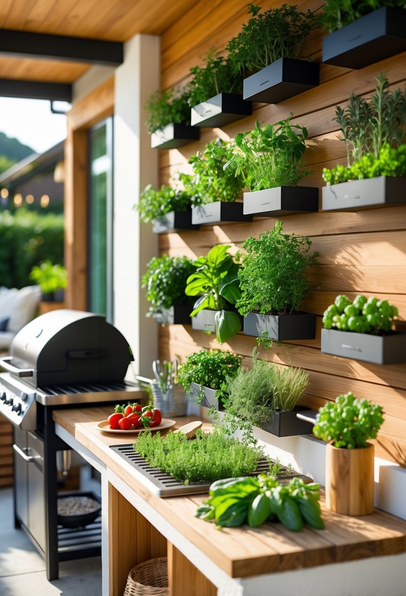 Outdoor BBQ area with vertical herb gardens and a modern grill surrounded by fresh herbs and cooking tools.