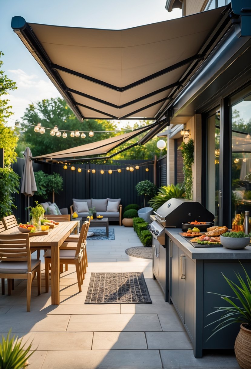 Outdoor BBQ area with a retractable awning, grill, dining table, and seating in a backyard setting.