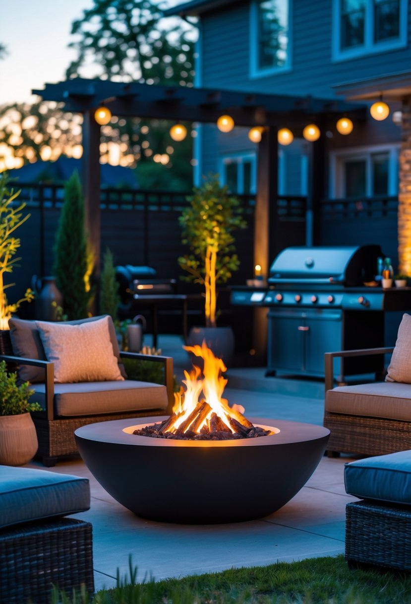 Outdoor seating area with a fire pit glowing near cushioned chairs and a BBQ grill in the background during early evening.
