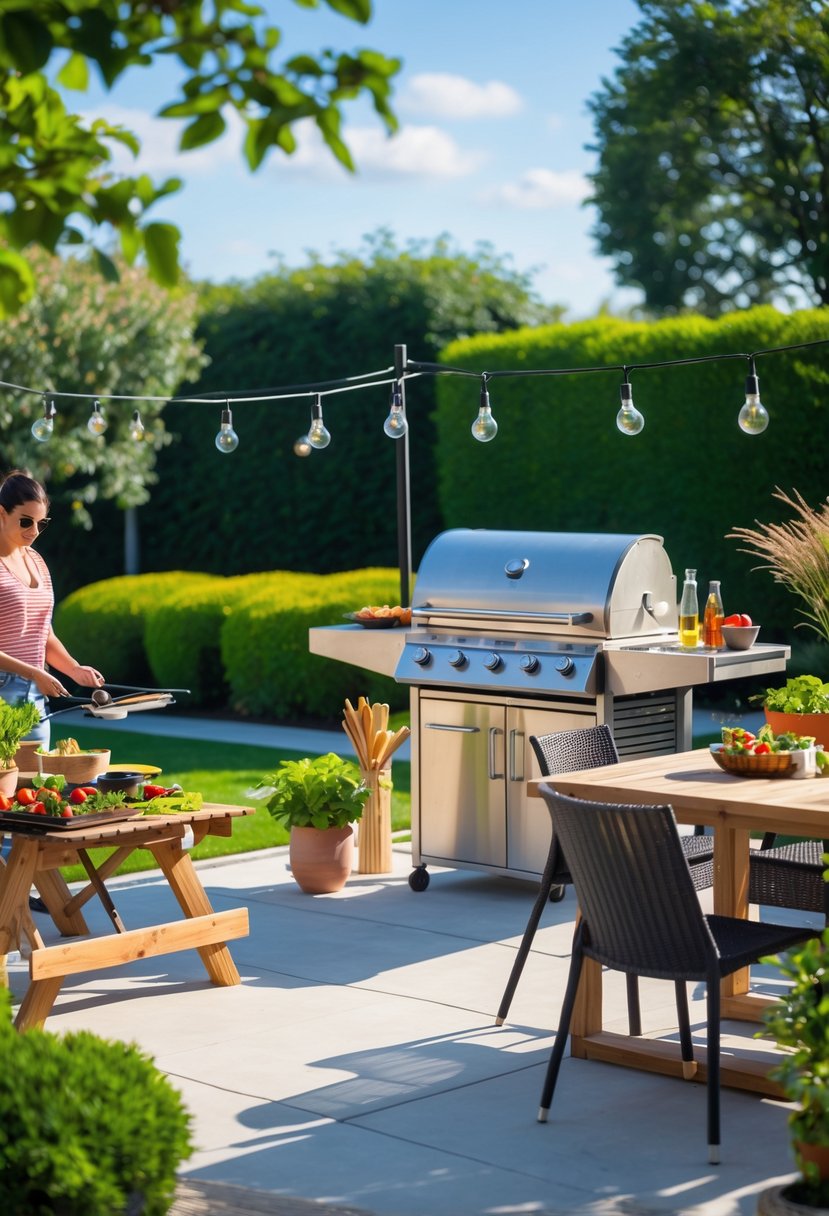 A clean and organized outdoor BBQ area with a grill, fresh ingredients on a prep table, outdoor furniture, and a person preparing food in a garden setting.
