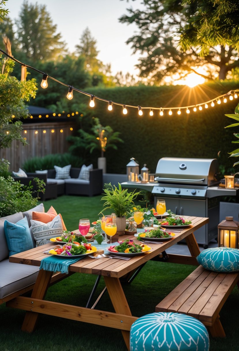 An outdoor BBQ area with a modern grill, picnic table with food and drinks, string lights, and greenery in a backyard.