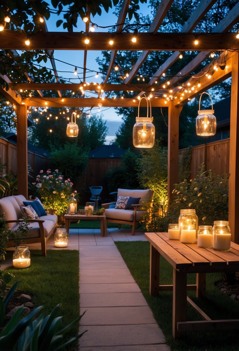 Backyard at dusk with various outdoor lights including string lights, lanterns, and candle holders illuminating a garden and seating area.