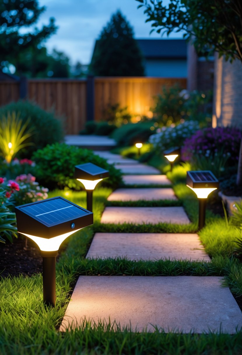 A garden pathway lit by solar-powered lights surrounded by grass, flowers, and shrubs during twilight.