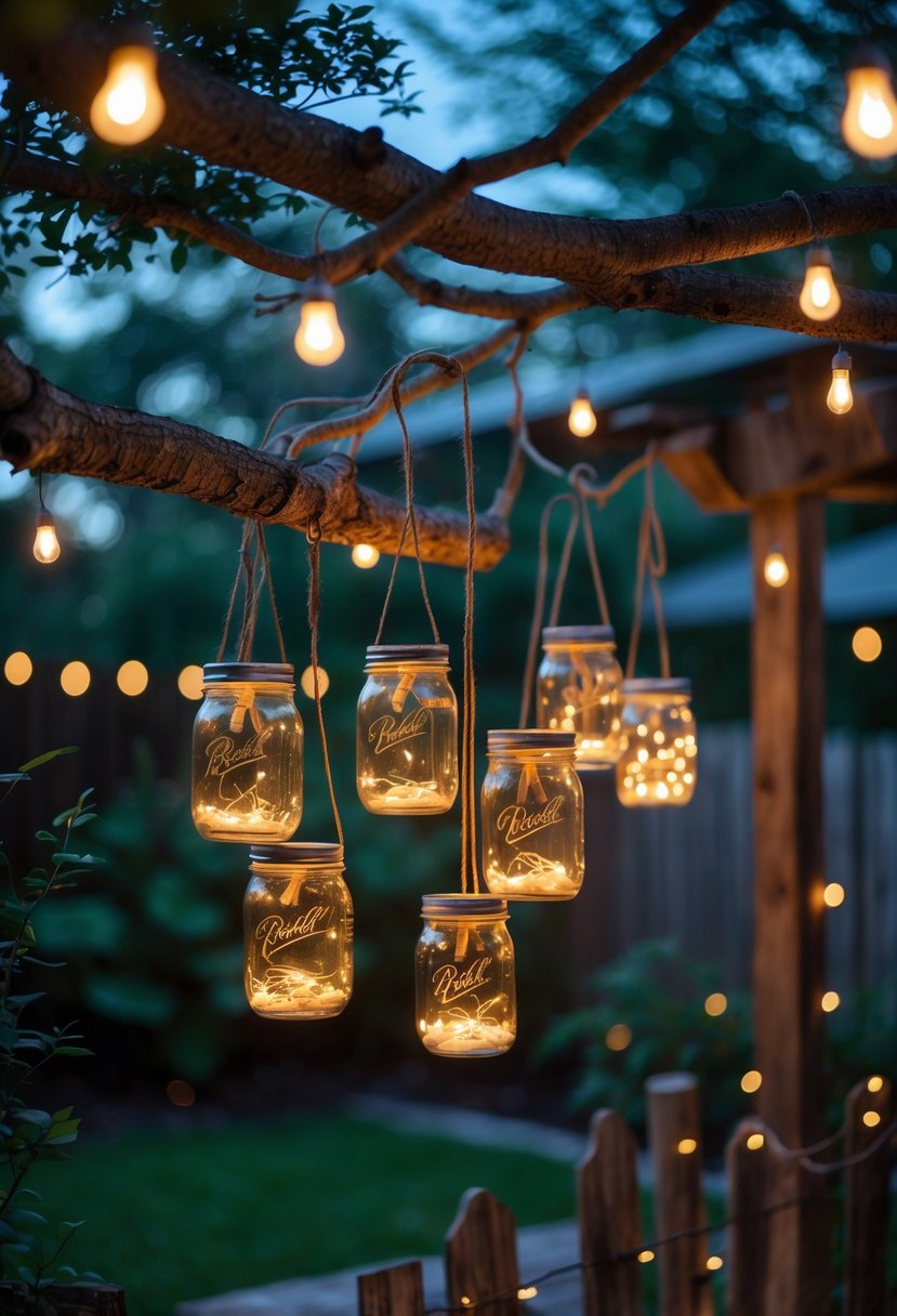 Outdoor scene with mason jar lanterns hanging from trees and wooden beams, glowing warmly in a garden setting at dusk.