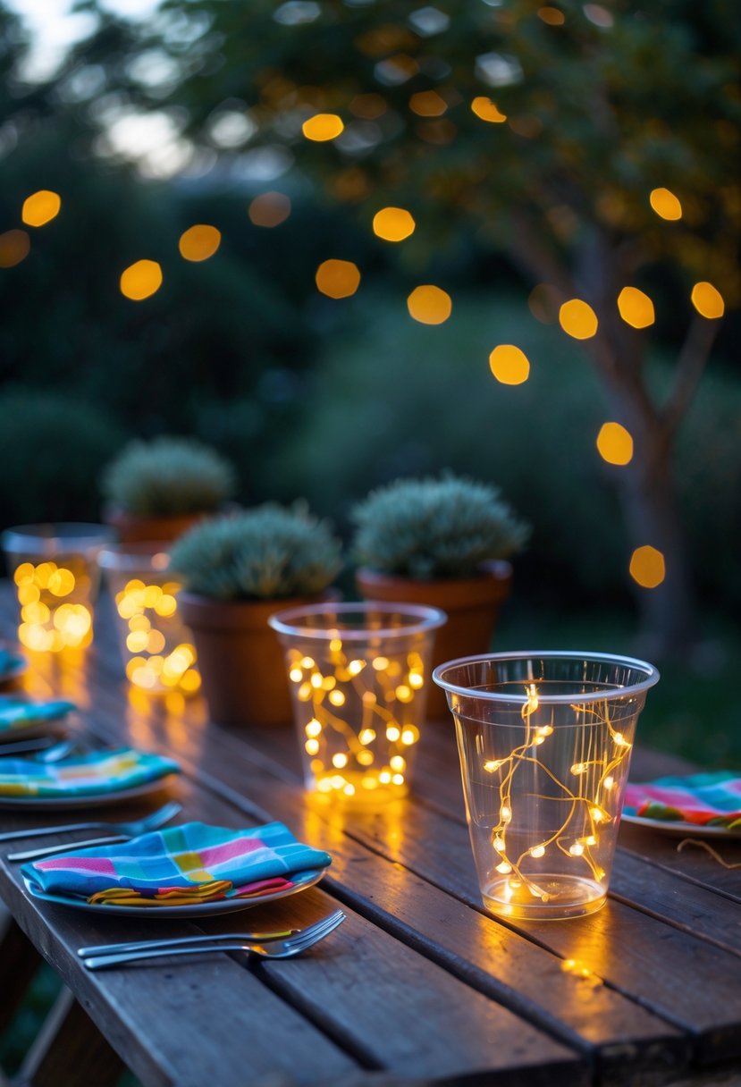 Outdoor wooden table with clear party cups glowing from LED string lights inside, surrounded by plants and soft background lighting.