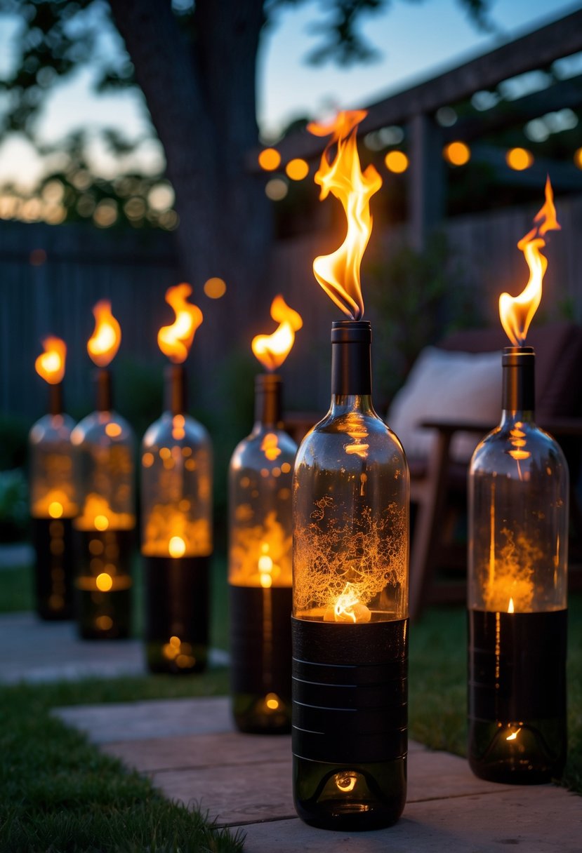 Outdoor scene with several wine bottles converted into tiki torches glowing softly in a garden at dusk.