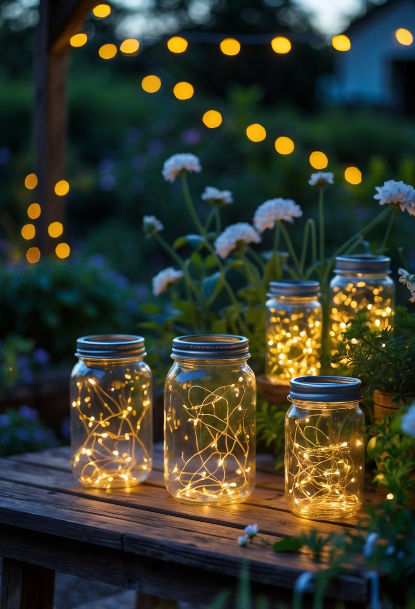 Battery-operated fairy light jars glowing softly on a wooden table surrounded by plants in a garden at twilight.