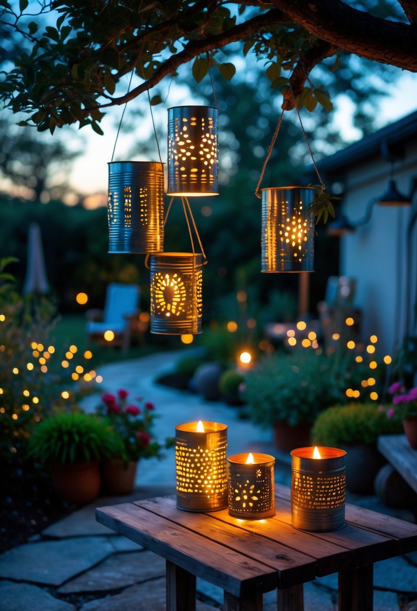 Outdoor scene with upcycled tin can lanterns glowing softly among plants and wooden furniture in a garden at dusk.