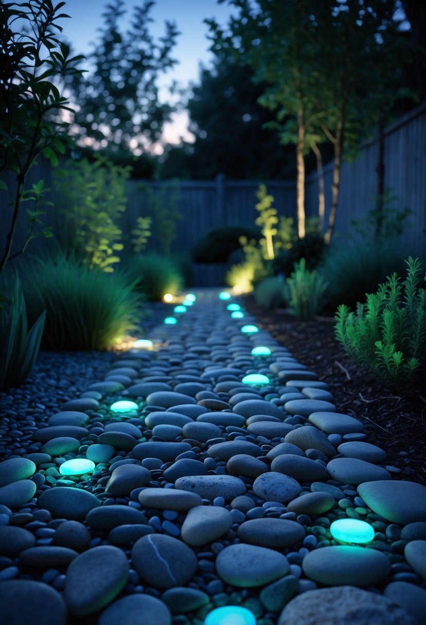 A glowing pebble path softly lighting a garden walkway at twilight surrounded by green plants and shrubs.