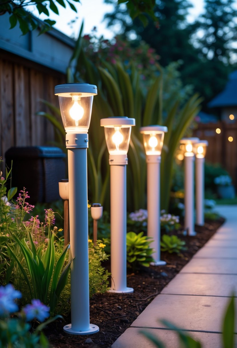 Outdoor garden pathway illuminated by PVC pipe post lights glowing warmly in a backyard setting.