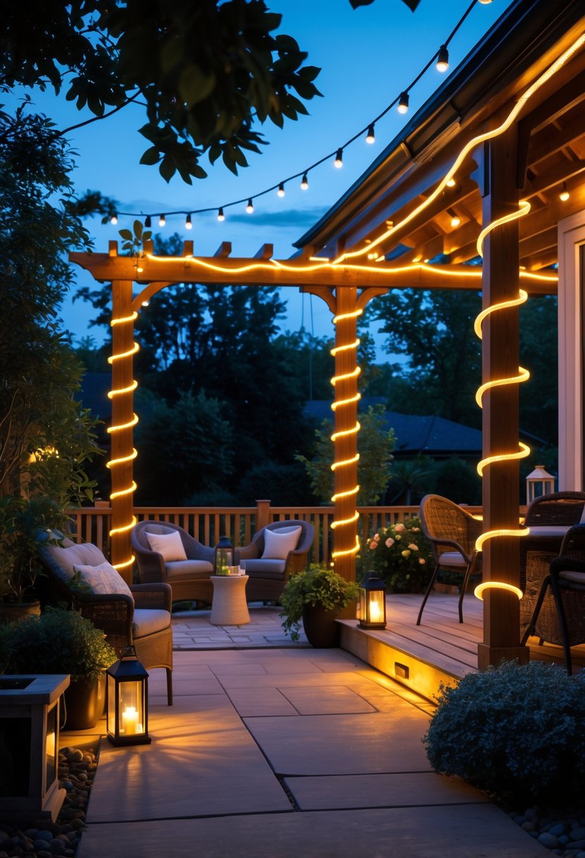 A cozy backyard patio at dusk lit by warm rope lights wrapped around wooden structures and trees, surrounded by outdoor furniture and plants.