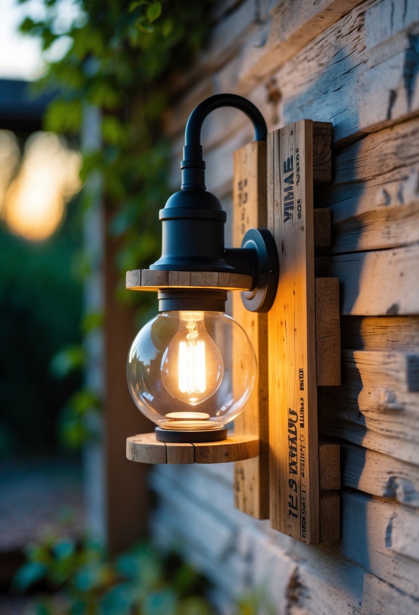 A wooden outdoor wall sconce made from pallet wood with a glowing light bulb, mounted on a textured wall surrounded by plants.