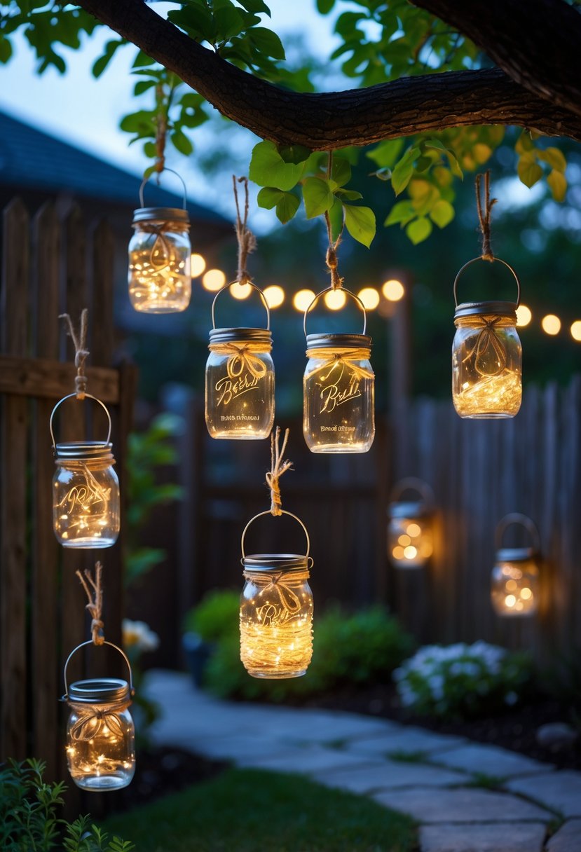 A backyard at dusk with glowing solar-powered mason jar lights hanging from trees and garden hooks, illuminating the garden pathway and surrounding plants.