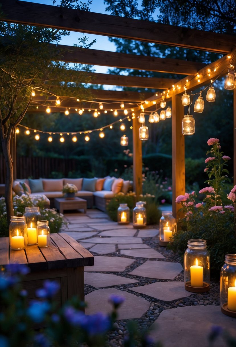A backyard at dusk with various outdoor lights including string lights, solar stake lights, mason jar lanterns, and candles illuminating a garden and seating area.