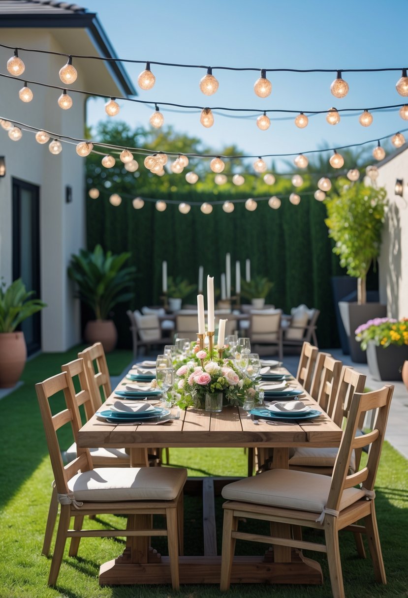 An outdoor dining table set up in a backyard with chairs, tableware, flowers, and string lights overhead.