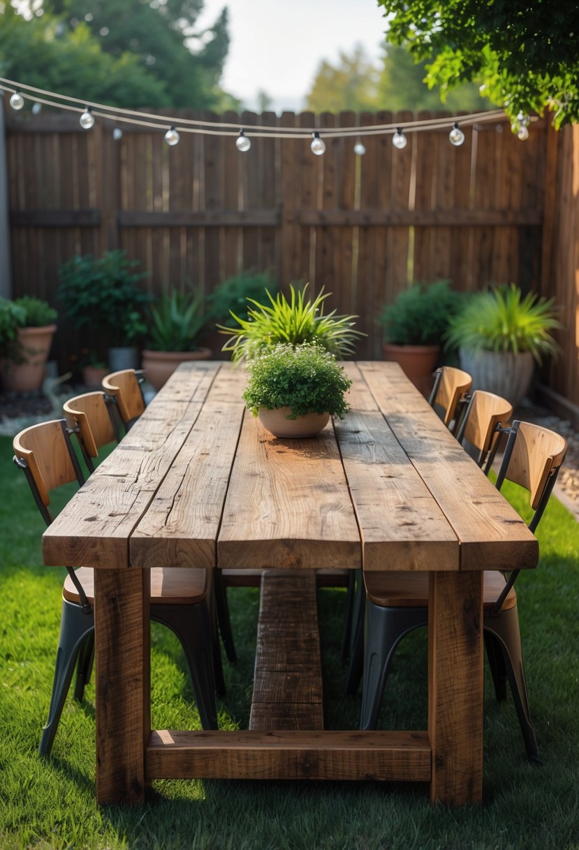 An outdoor backyard dining area featuring a large wooden table surrounded by chairs with plants and trees in the background.