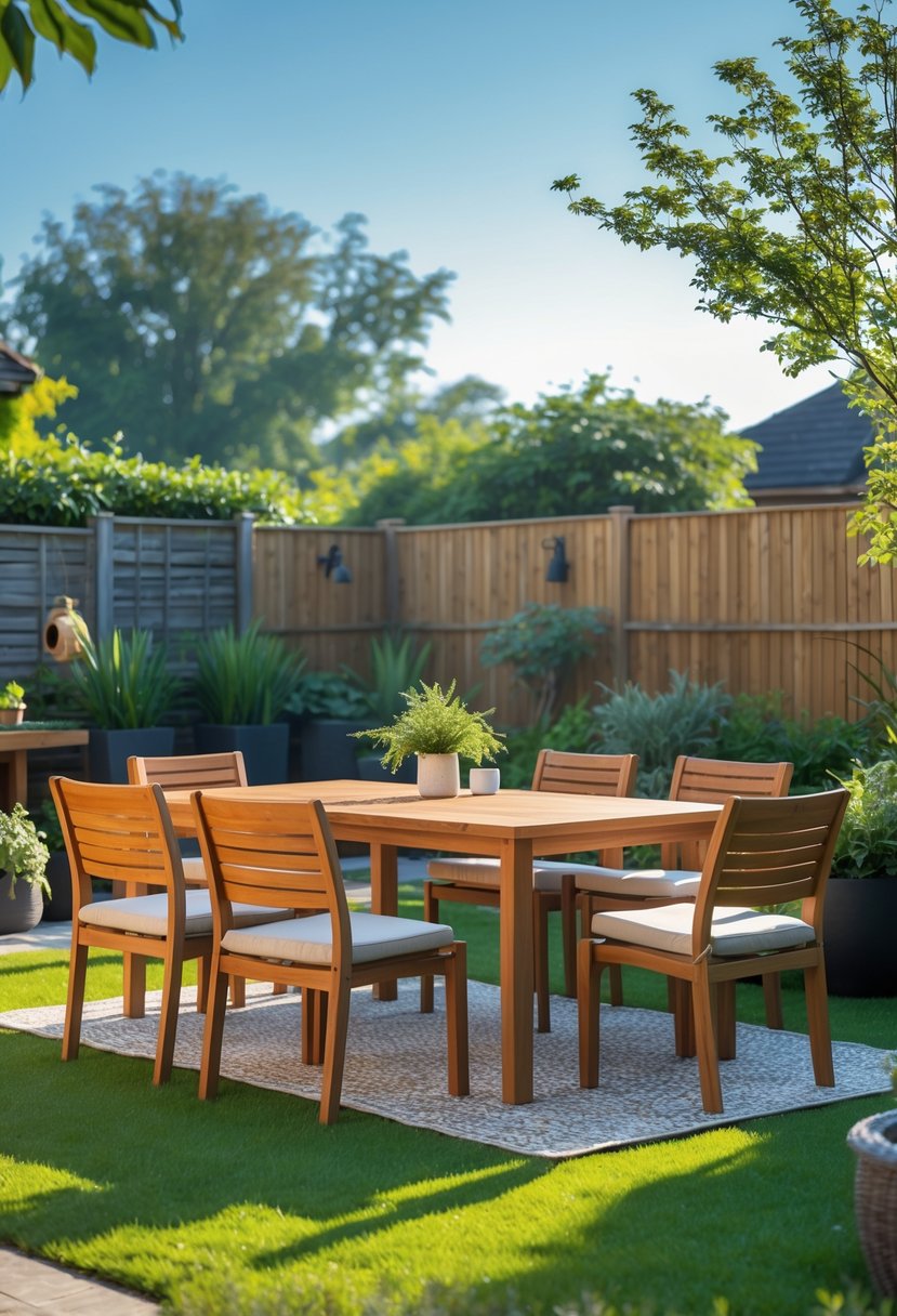 A teak outdoor dining table with chairs set up in a backyard surrounded by greenery and plants.