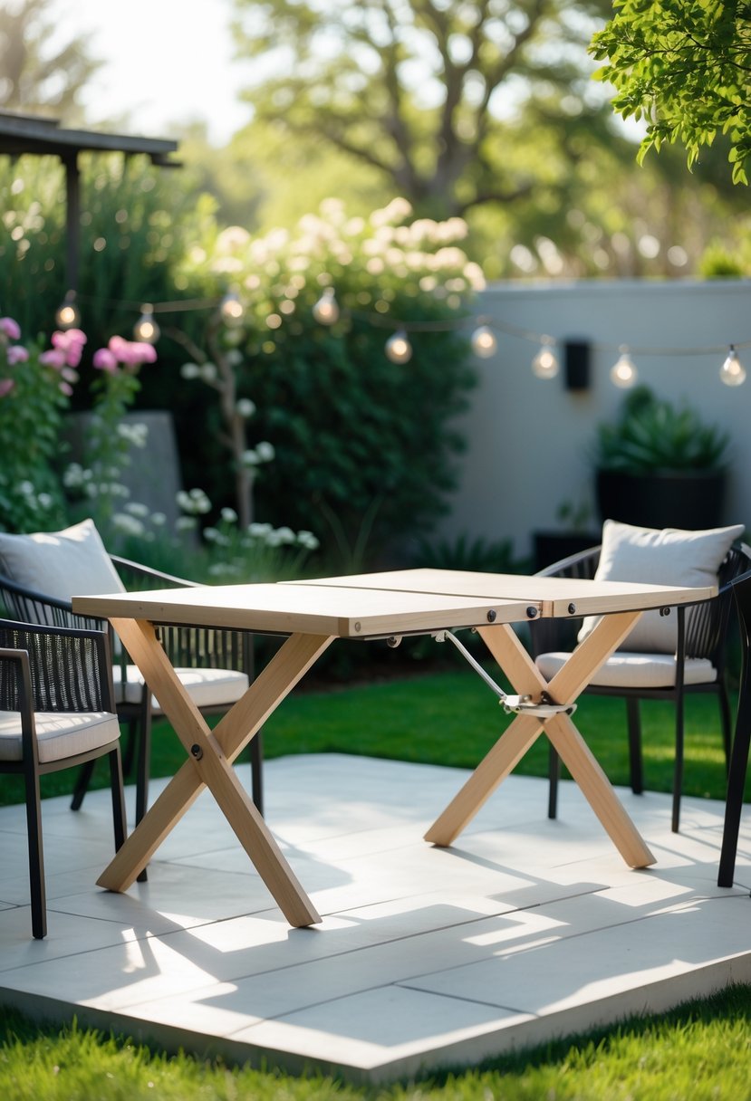 A foldable patio table partially folded in a backyard with chairs around it, surrounded by grass and plants.