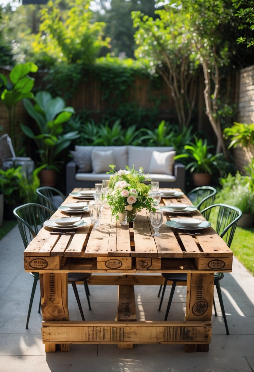 An outdoor dining table made from pallet wood set in a backyard with plants and outdoor seating.