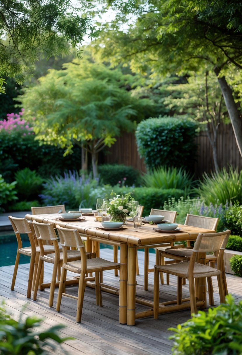 Outdoor bamboo dining table set in a green backyard with chairs and tableware, surrounded by plants and trees.