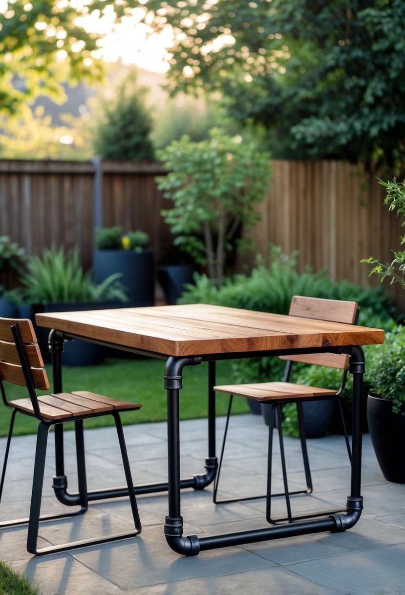 Outdoor dining table made of wood and metal pipes set in a backyard with plants and chairs around it.