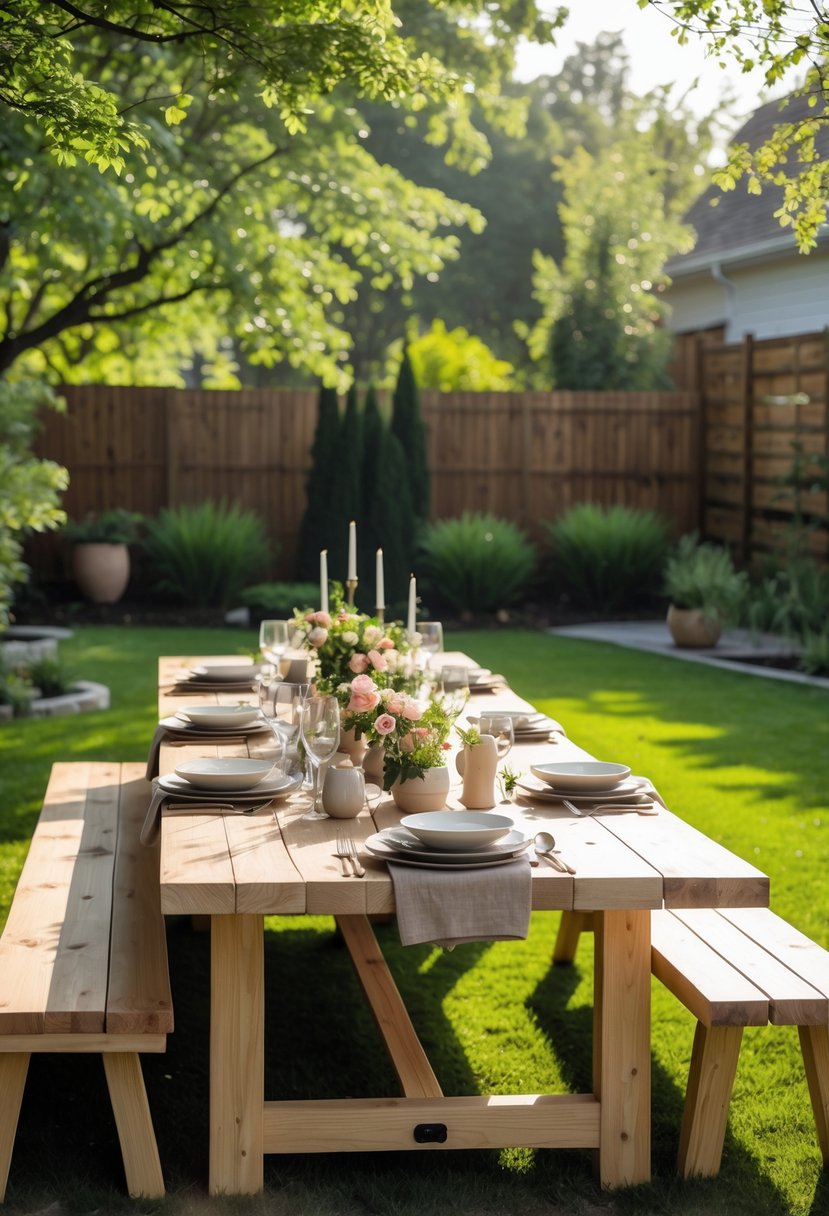 A long wooden outdoor dining table set with plates and glasses in a sunny backyard surrounded by greenery.