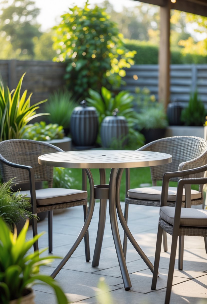 Round aluminum bistro table with chairs in a backyard garden surrounded by plants and sunlight.