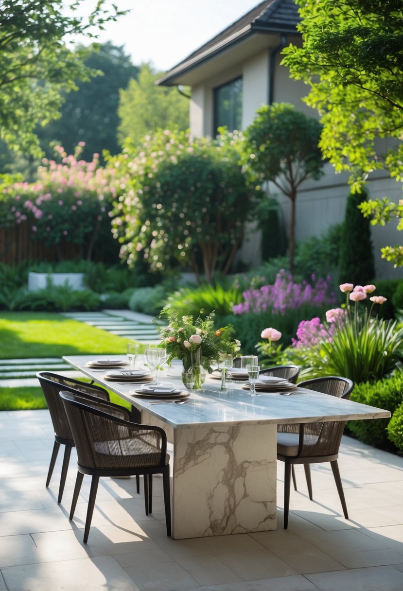 An outdoor dining table made of marble surrounded by chairs in a backyard garden with plants and sunlight.